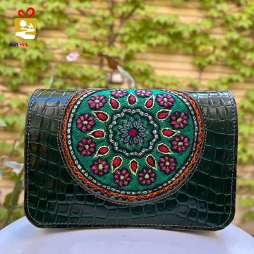 Handmade Leather Bag with Pateh Emerald Garden Embroidery01