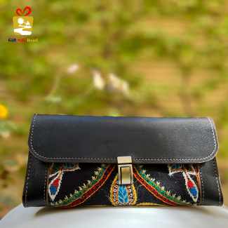 Handmade Leather Clutch with Pateh Black Floral Accent