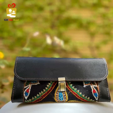 Handmade Leather Clutch with Pateh Black Floral Accent