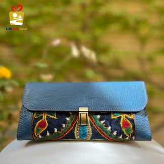 Handmade Leather Clutch with Pateh Blue Floral Accent