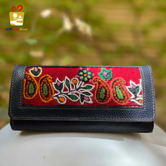 Handmade Leather Clutch with Pateh Red Floral Pattern