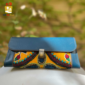 Handmade Leather Clutch with Pateh Yellow and Blue Design