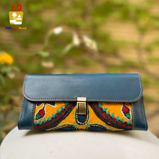 Handmade Leather Clutch with Pateh Yellow and green Design