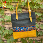 Handmade Tote Bag with Pateh Blue Embroidery and Yellow Leather01