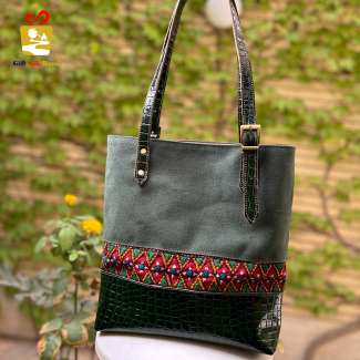 Handmade Tote Bag with Pateh Red Embroidery and Dark Green Leather