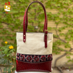 Handmade Tote Bag with Pateh Red Floral on Red Leather01