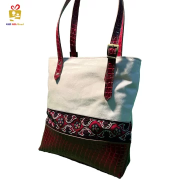 Handmade Tote Bag with Pateh Red Floral on Red Leather03