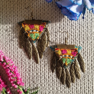 handmade Multicolor Embroidered Feather Earrings