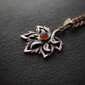 Five-Pointed Brass Leaf with Red Agate Necklace01