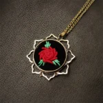 Brass Necklace with Red Embroidered Flower01