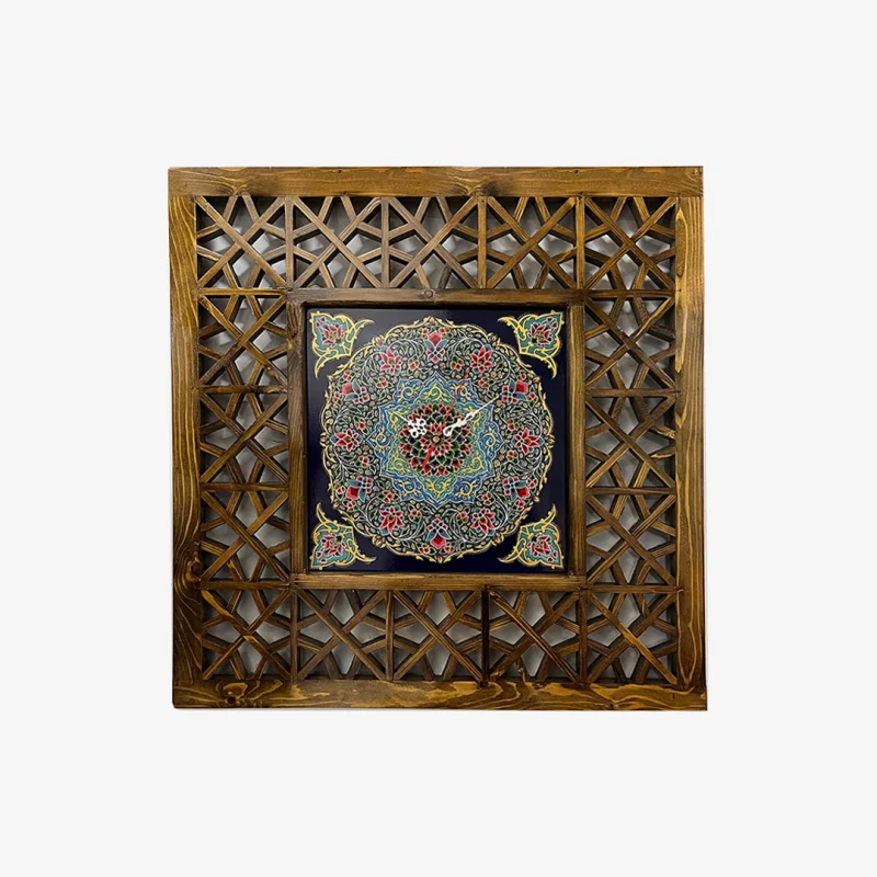 Handcrafted Wall Clock with Wooden Frame and Persian Girih TIle Design01